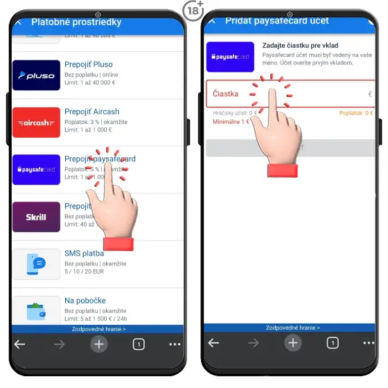 Vizuálny návod, ako vložiť peniaze na hráčsky účet prostredníctvom platobnej metódy Paysafecard v online casine Tipsport.