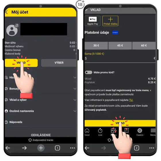 Jednoduchý obrázkový návod, ako vykonať Paysafecard vklad vo Fortune.