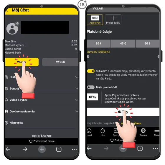 Obrázkový návod, ako vykonať vklad na hráčsky účet vo Fortune cez službu Apple Pay v mobile.
