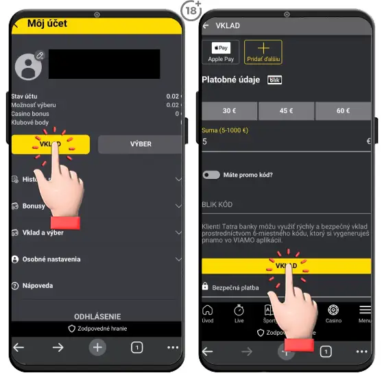 Obrázkový návod, ako si dobiť hráčsky účet vo Fortuna kasíne pomocou Blik kódu, vygenerovaného v aplikácii Viamo od Tatra Banky.