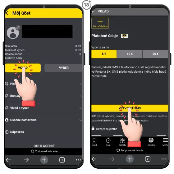 Jednoduchý vizuálny návod, ako uskutočniť vklad na Fortuna účet cez SMS.