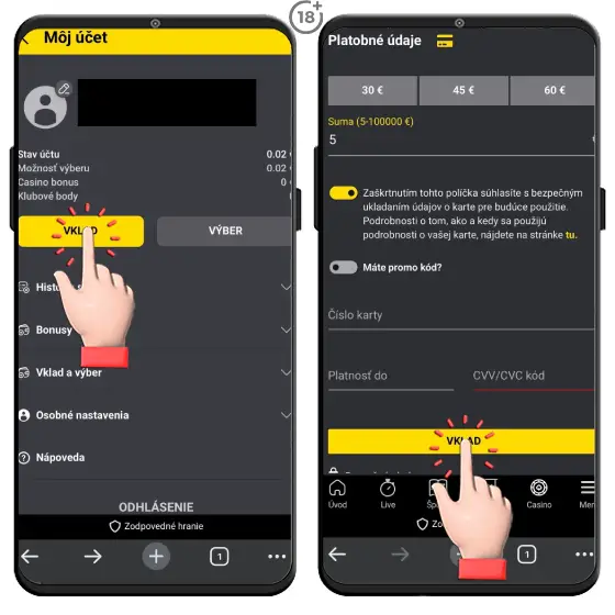 Vizuálny postup, ako urobiť vklad cez platobnú kartu vo Fortune.