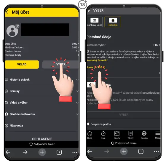 Jednoduchý obrázkový návod, ako urobiť výber v hotovosti na Fortuna pobočke.