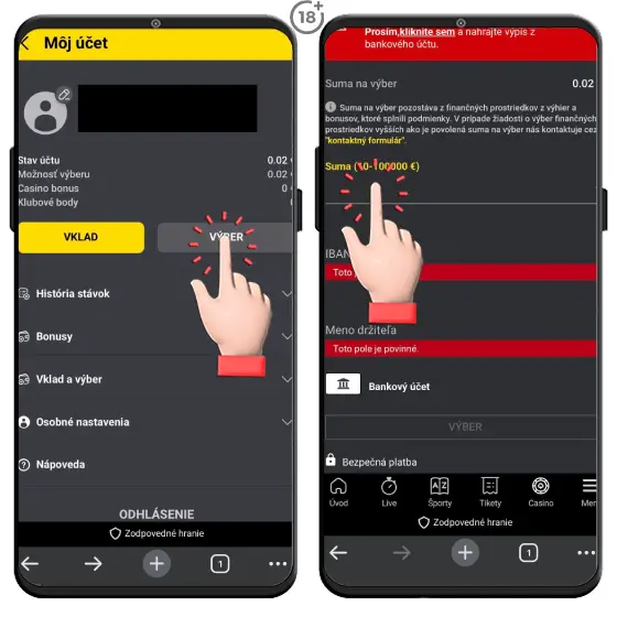 Obrázkový návod, ako uskutočniť výplatu na bankový účet prevodom vo Fortuna kasíne.