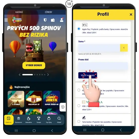 Vyskúšajte vklad na účet v kasíne Sazka hry cez Apple Pay.