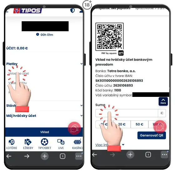 Jednoduchý vizuálny návod, ako vykonať vklad na Tipos účet cez klasický bankový prevod.
