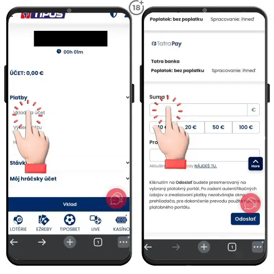 Jednoduchý obrázkový návod, ako uskutočniť vklad prostredníctvom internet bankingu vybraných bánk v Tipose.