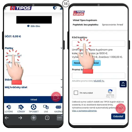 Jednoduchý obrázkový postup, ako urobiť vklad na Tipos hráčsky účet prostredníctvom kupónu.