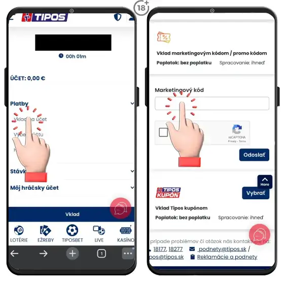 Jednoduchý obrázkový postup, ako uskutočníte vklad na hráčsky účet využitím marketingového kódu v Tipose.