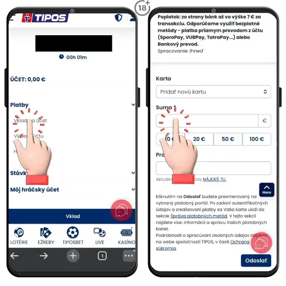 Obrázkový návod, ako uskutočniť vklad prostredníctvom platobnej karty v Tipose.