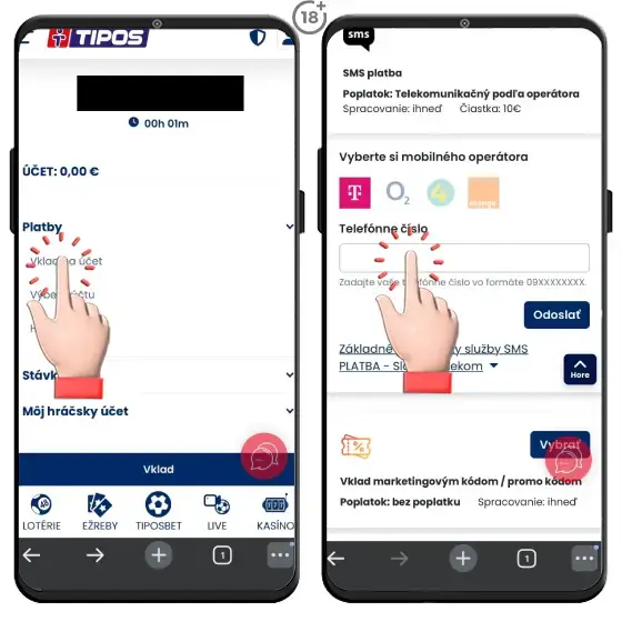 Jednoduchý obrázkový postup, ako uskutočníte sms vklad na účet v Tipose.