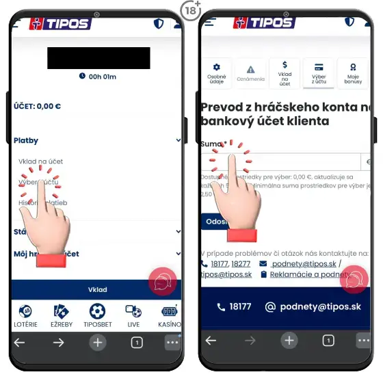 Jednoduchý obrázkový návod, ako uskutočniť výber peňazí z Tipos online kasína na účet hráča prevodom.