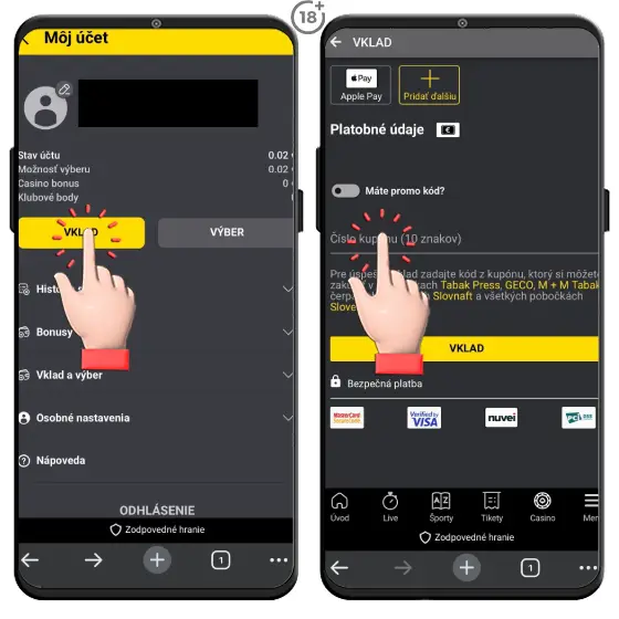 Vizuálny postup, ako vykonať vklad na hráčsky účet cez 10-miestny Fortuna kupón.