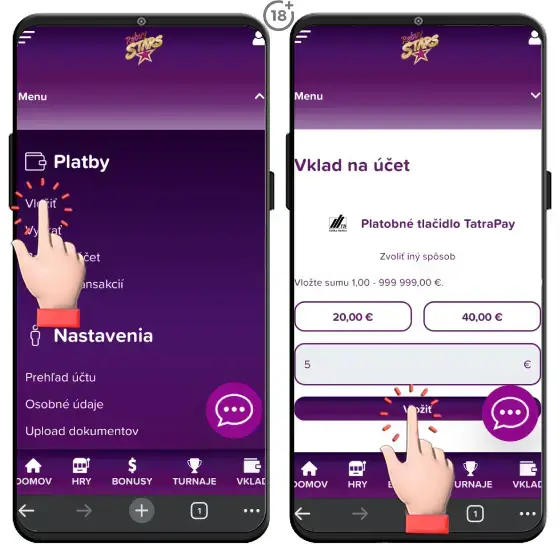 Vizuálny postup, ako vykonať vklad na herné konto v Rebuy Stars kasíne prostredníctvom internet bankingu vybraných bankových inštitúcií.