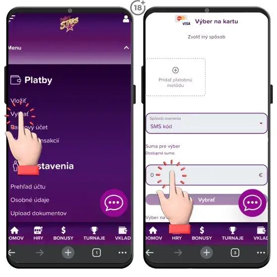 Obrázkový návod, ako uskutočniť výber výhry na platobnú kartu z Rebuy Stars casina.