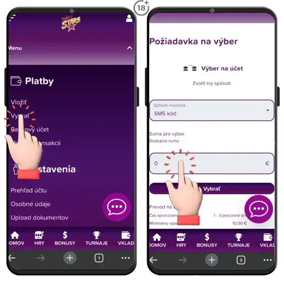 Obrázkový návod, ako na výber výhier prevodom na bankový účet hráča z Rebuy Stars casina.