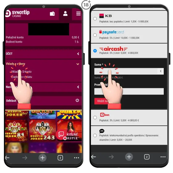 Obrázkový návod, ako uskutočniť vklad na hráčsky účet v Synottip casine prostredníctvom digitálnej peňaženky Aircash.