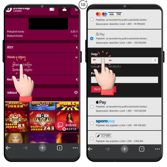 Obrázkový návod, ako uskutočniť vklad na hráčsky účet cez Google Pay v Synottipe.