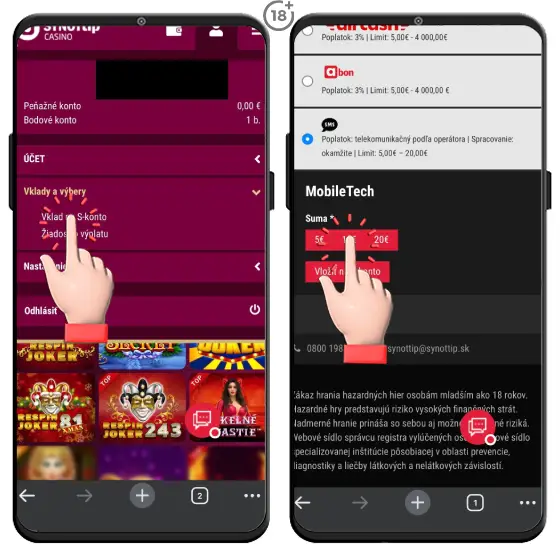 Jednoduchý vizuálny postup, ako zrealizovať vklad na Synottip účet cez SMS.