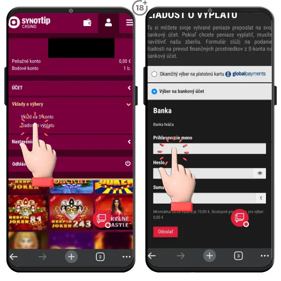 Vizuálny postup, ako uskutočniť výber výhry na osobný bankový účet zo Synottip online casina.
