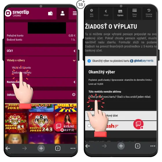 Obrázkový návod, ako uskutočniť výber výhry na platobnú kartu v Synottip online casine.