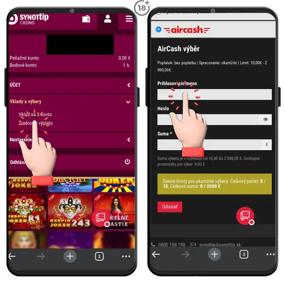 Vizuálny postup, ako uskutočniť výber výhry na digitálnu peňaženku Aircash zo Synottip online kasína.