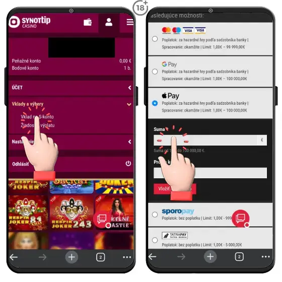 Obrázkový návod, ako vykonať vklad na hráčsky účet cez Apple Pay v Synottipe.