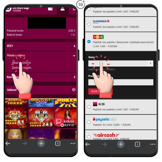 Vizuálny postup, ako urobiť vklad na Synottip S-konto využitím okamžitej platby cez internet banking vybraných slovenských bánk.