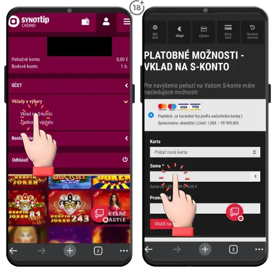 Vizuálny postup, ako vykonať vklad platobnou kartou na S-konto v Synottipe.