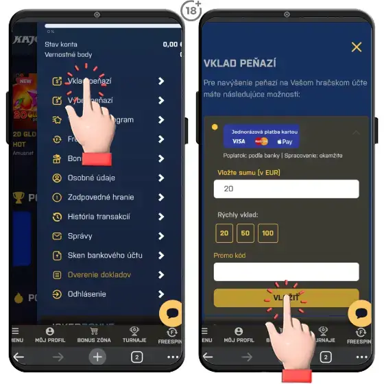 Vizuálny postup, ako uskutočniť vklad na hráčsky účet v Kajot Intacto kasíne cez Apple Pay.