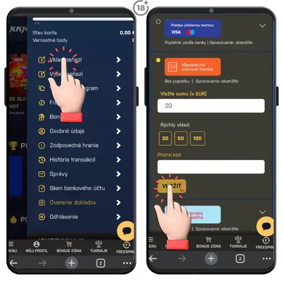 Obrázkový návod, ako vykonať vklad na hráčsky účet v Kajot Intacto casine cez internet banking.