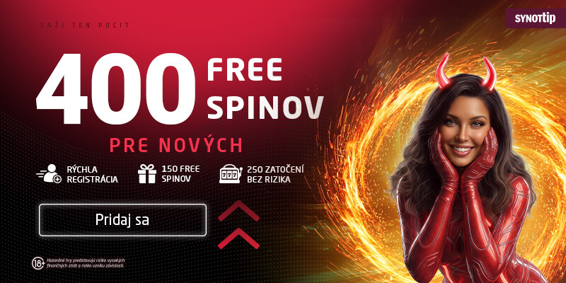 Synottip bonus za registráciu 400 free spinov.